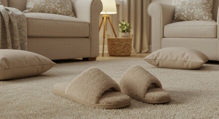 Cozy Living Room with Fluffy Slippers on a Plush Rug