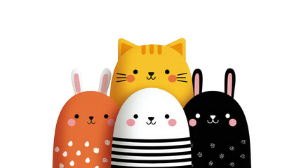 Cute cartoon animals including a cat, rabbits, and a chick, grouped together on a plain background