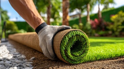 Hand unrolling artificial turf roll onto ground in sunny garden