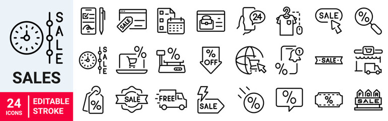 Sale web line icons. Shopping cart, delivery gift and tags, discount, sale and wallet. Purchase online. Vector