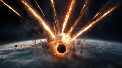 A breathtaking visual of an asteroid colliding with Earth, creating a massive explosion and fiery debris, representing the power of nature and cosmic events in the universe.