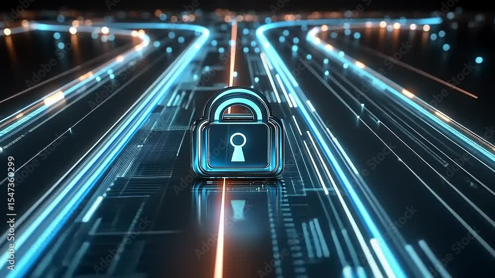 Aufkleber digital lock symbolizing cybersecurity on a futuristic data pathway with glowing lines and lights