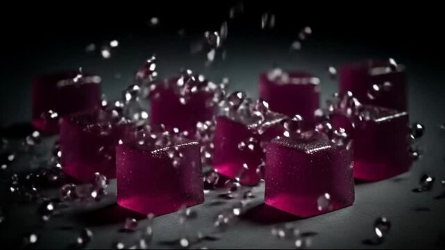 Close up of several red cube shaped candies with white sprinkles falling on them in dark setting