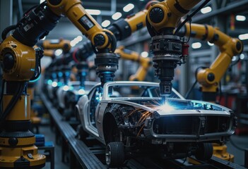 Robotic arms welding car frames in a modern automotive assembly line