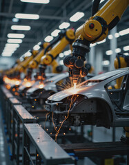 Robotic arms welding car frames in a modern manufacturing facility