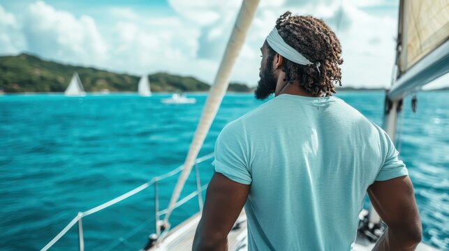 A rugged man with dreadlocks stands confidently on a sailboat, taking in the expansive blue ocean view, showcasing the serenity and adventure associated with sailing.