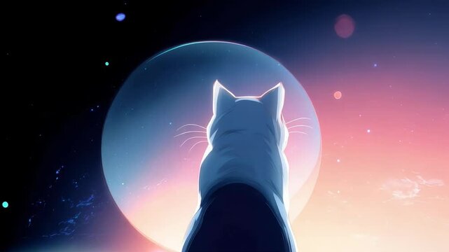 Cat gazes at colorful celestial view from a distant planet, capturing a whimsical moment in space exploration and imagination