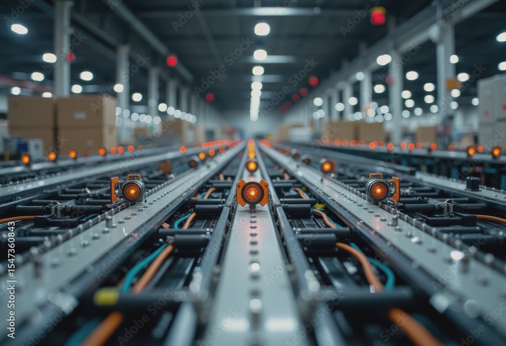 Poster conveyor line with automated sensors, showcasing advanced technology in a modern facility