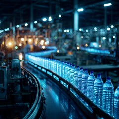 Manufacturing bottles of water in a factory at night