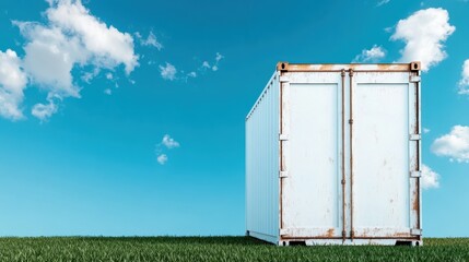 A rusty shipping container stands out vividly against a bright blue sky, conveying themes of resilience and the passage of time while highlighting a minimalist, industrial aesthetic.