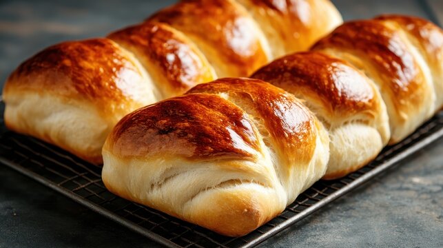 Golden-brown, freshly baked artisan bread loaves beautifully arranged on a cooling rack, showcasing the craftsmanship and delicious appeal of homemade baking.