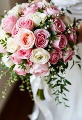 Obraz premium A beautiful arrangement of pink and white roses accented with lush green leaves, ideal for wedding themes or floral designs, symbolizing romantic feelings and joy in celebrations.