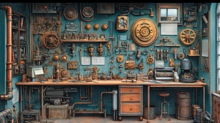 Steampunk workshop interior