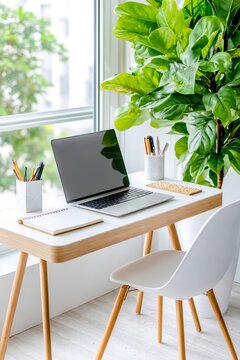 A desk with a laptop computer sitting on top of it next to a plant