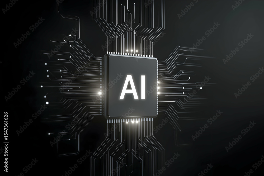 Poster a glowing ai chip at the center of a black circuit board with intricate lines symbolizing artificial