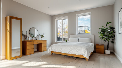 Modern bedroom interior with wooden furniture, white bedding, large windows, and indoor plants, creating calm atmosphere