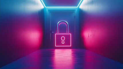 A colorful neon lock stands in a dark hallway. The bright pink and blue lights create a vibrant atmosphere. This image captures themes of security and mystery. Generative AI.
