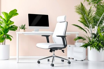 A white office chair sitting next to a computer on a desk