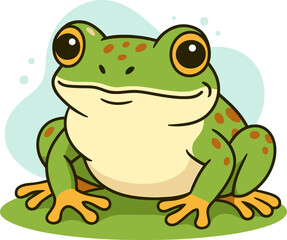 Obraz premium Cute green frog sitting on grass. Flat vector illustration for nature, wildlife, kids, education and cartoon animal themes