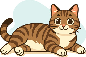 Cute tabby cat lying down. Flat vector illustration for pets, kids, cartoon animals, home comfort and educational themes