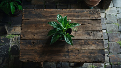 Green potted plant resting on rustic wooden table