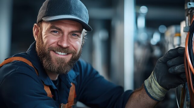 A cheerful mechanic poses by machinery in a workshop, highlighting his skills and expertise while reflecting a sense of competence and passion for his craft.