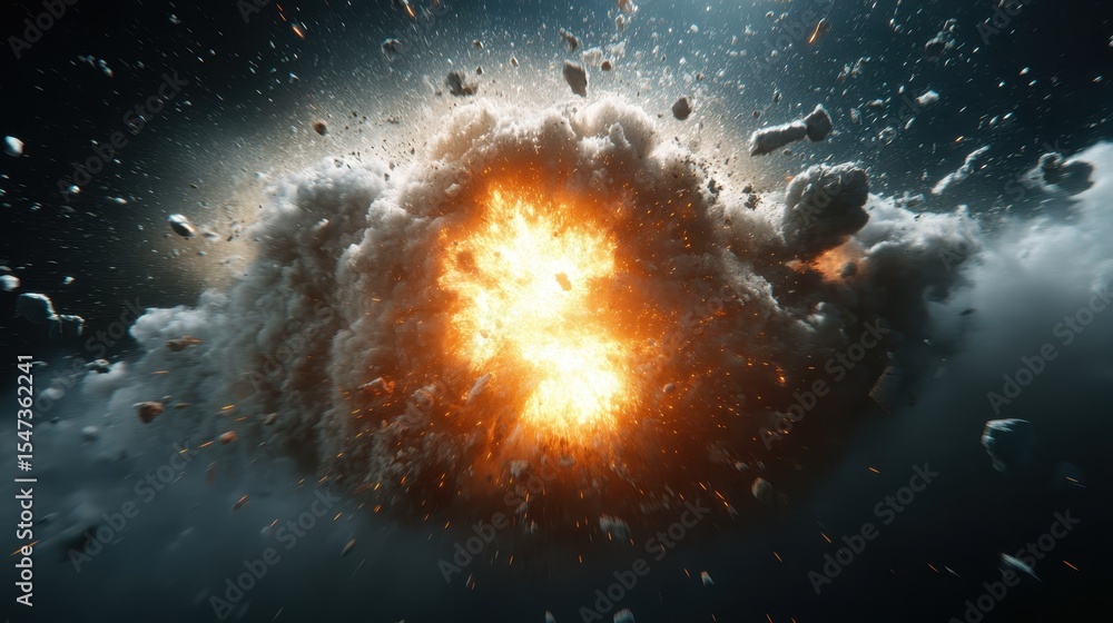 Poster a powerful explosion bursts forth surrounded by dramatic clouds and debris, creating a breathtaking 