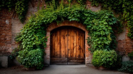 Serene Rural Scene Featuring Rustic Wooden Door Framed by Lush Greenery and Vibrant Plants