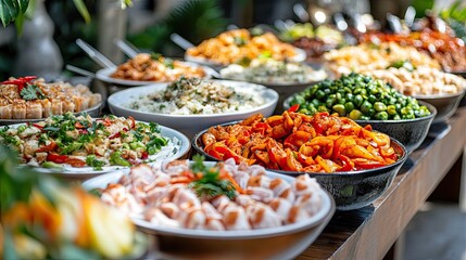Outdoor Buffet Table Displays Variety of International Dishes for Catering Event