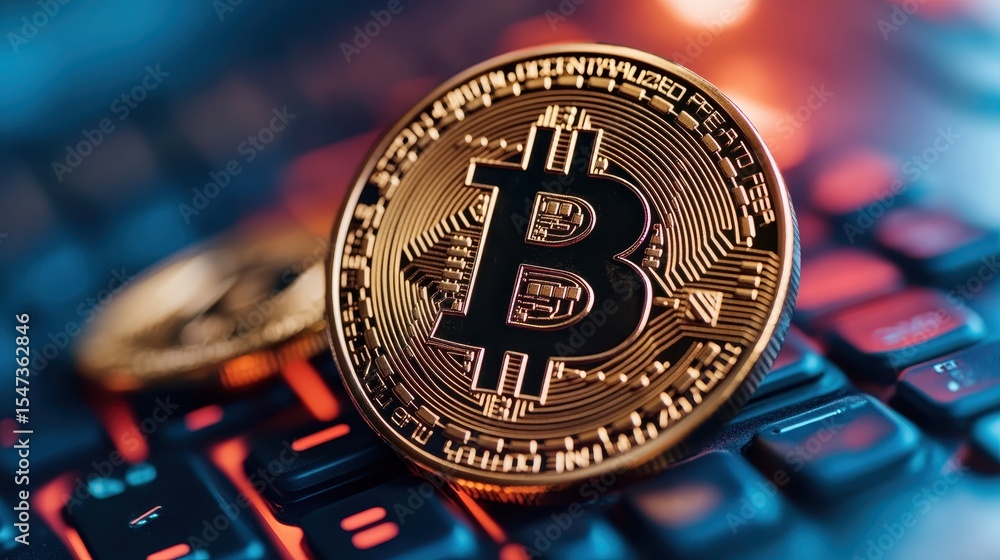 Poster a close-up shot of shiny bitcoin coins resting on a digital keyboard, representing the digital curre