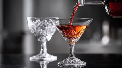 Elegant glassware with a rich dark drink being poured. The fine details of the glasses enhance the allure of this moment. Perfect for bar or restaurant themes. Generative AI