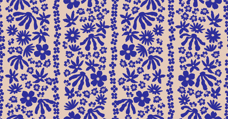 Trendy floral seamless pattern with vertical stripes. Modern flowers print in blue design for fabric, textiles, clothing, packaging, cover, banner, home decor and backgrounds. Vector illustrations.