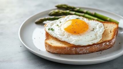 This image features a perfectly fried egg atop a slice of toasted bread, accompanied by fresh asparagus spears, highlighting a delightful breakfast scene.