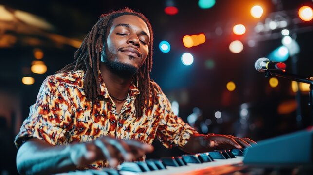 A passionate musician performs on stage, with vibrant lighting creating an electrifying atmosphere, showcasing the joy and energy of live music performances.