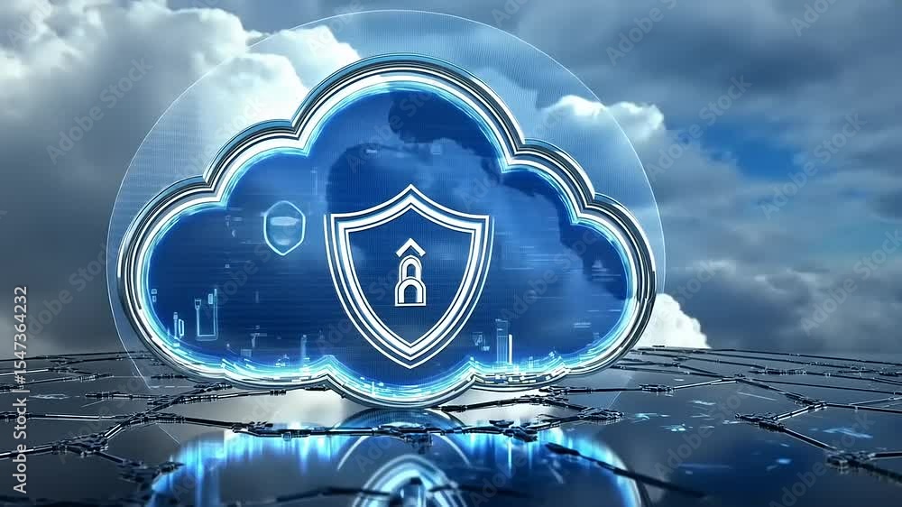 Poster digital cloud security concept with a shield symbol, surrounded by technology graphics and clouds