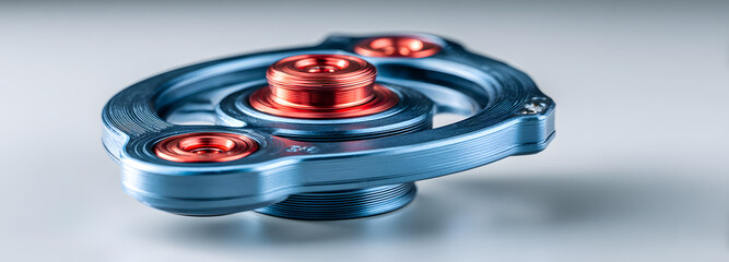 Blue fidget spinner with red bearings on clean white background with empty copyspace on left side for hobby or relaxation concept design template.