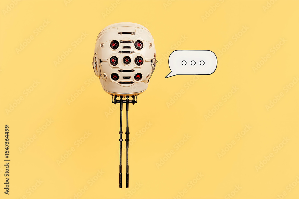 Poster a futuristic robot head with multiple lenses floats above two thin legs, with a speech bubble contai