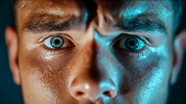 Close-up of a Caucasian man's intense gaze, capturing emotions of fear and surprise, highlighting eye detail and facial expression