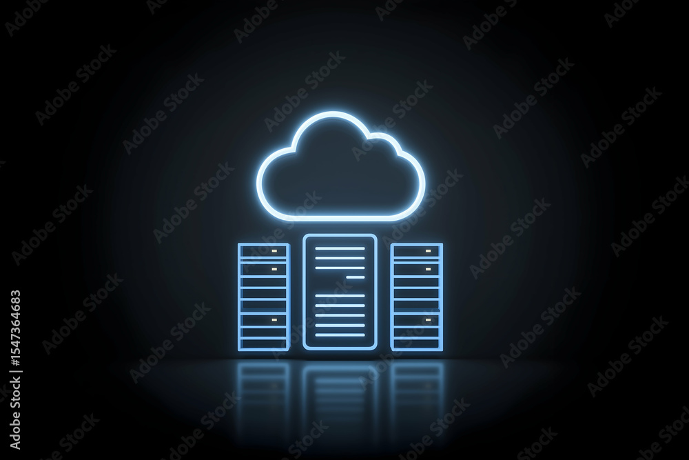 Poster neon illustration of cloud computing with three server racks and a cloud icon glowing against a dark