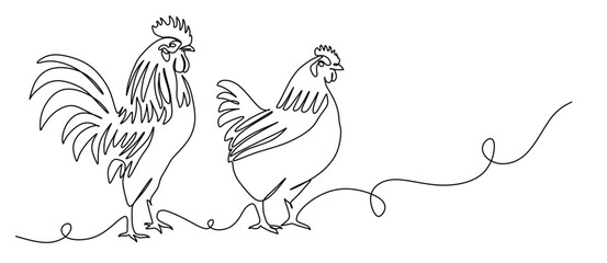 continuous single line art without a break of a pair of roosters and hens