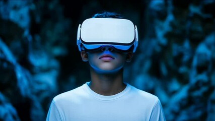 Young Asian male experiencing virtual reality, immersed in digital exploration futuristic ambiance virtual immersion