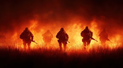 Fototapeta premium A group of soldiers advances through a dramatic fiery backdrop, symbolizing courage and unity in the face of chaos, capturing the essence of bravery in military operations.