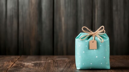An elegantly wrapped turquoise gift with a rustic twine bow against a weathered wooden backdrop symbolizes surprise and joy, inviting curiosity and anticipation.