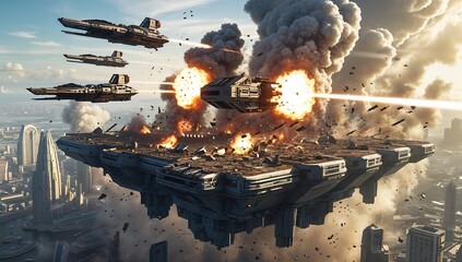 Floating city under attack, aerial battleships firing energy cannons, debris falling onto lower districts, cinematic scale.