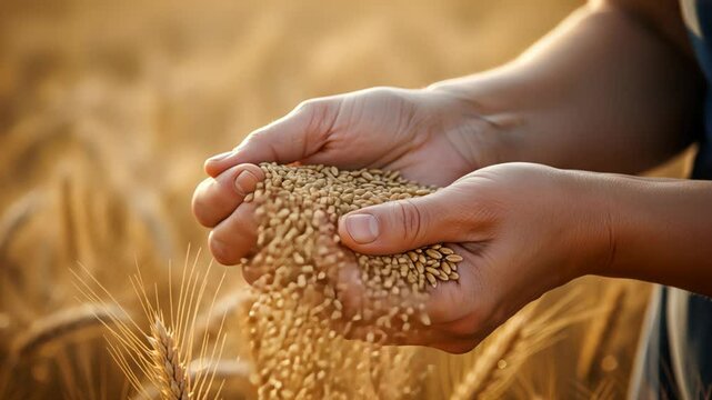 Hands cradle wheat grain amid sunlit fields, wheat grain trickling like golden rain, honouring fertile earth and future bread from shared wheat grain bounty. Concept farm vitality.