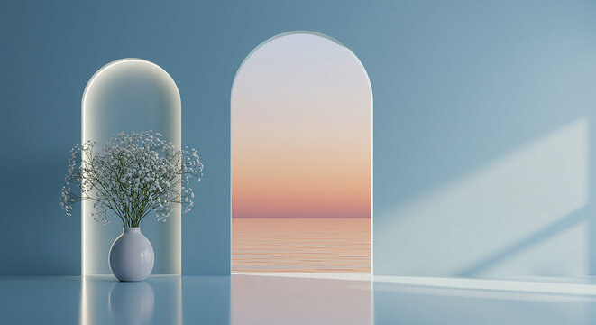 Fototapeta minimalist interior with soft blue wall and glowing arched alcove, delicate white baby's breath flowers in matte ceramic vase, smooth reflective floor, gradient ocean sunset background seen