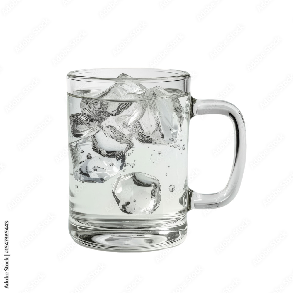 Poster a glass of water with ice cubes in it. the ice cubes are floating in the water, creating a refreshin