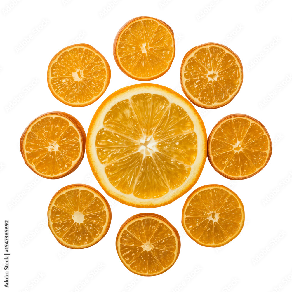 Poster a close up of a circle of oranges with the center cut open. the oranges are arranged in a pattern, w