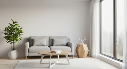 A modern minimalistic living room interior with a clean and serene aesthetic. The room features a light beige textured wall with wooden panel. scandinavian apartment.