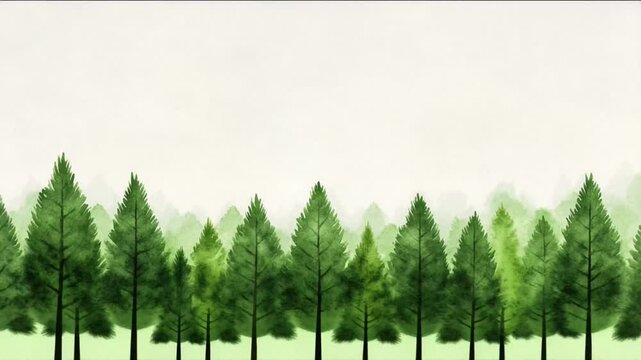 A serene watercolor forest with evergreen trees evokes tranquility, nature appreciation, and artistic expression